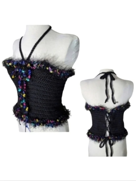 HANDCRAFTED Top Corsetted Cropped Crochet Black Size M - Picture 5 of 13